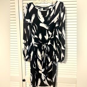 SHEIN Aliove Print Lantern Sleeve Belted Dress